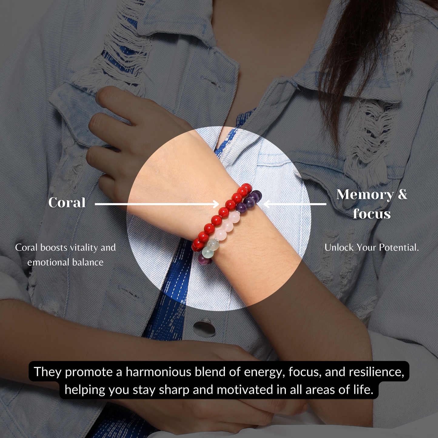 Memory & Focus + Red Coral  Healing Stretchable Gemstone Bracelet  – Unlock Your Potential