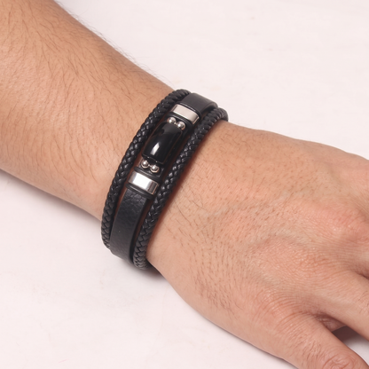 Natural Black Onyx Leather Men’s Bracelet – Handmade Braided Leather Bracelet with Black Onyx Stone & Stainless Steel Clasp