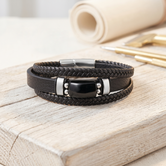 Natural Black Onyx Leather Men’s Bracelet – Handmade Braided Leather Bracelet with Black Onyx Stone & Stainless Steel Clasp