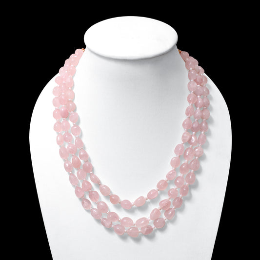 Elegant Triple-Layer Natural Rose Quartz Beaded Necklace – Crystal of Love & Inner Peace