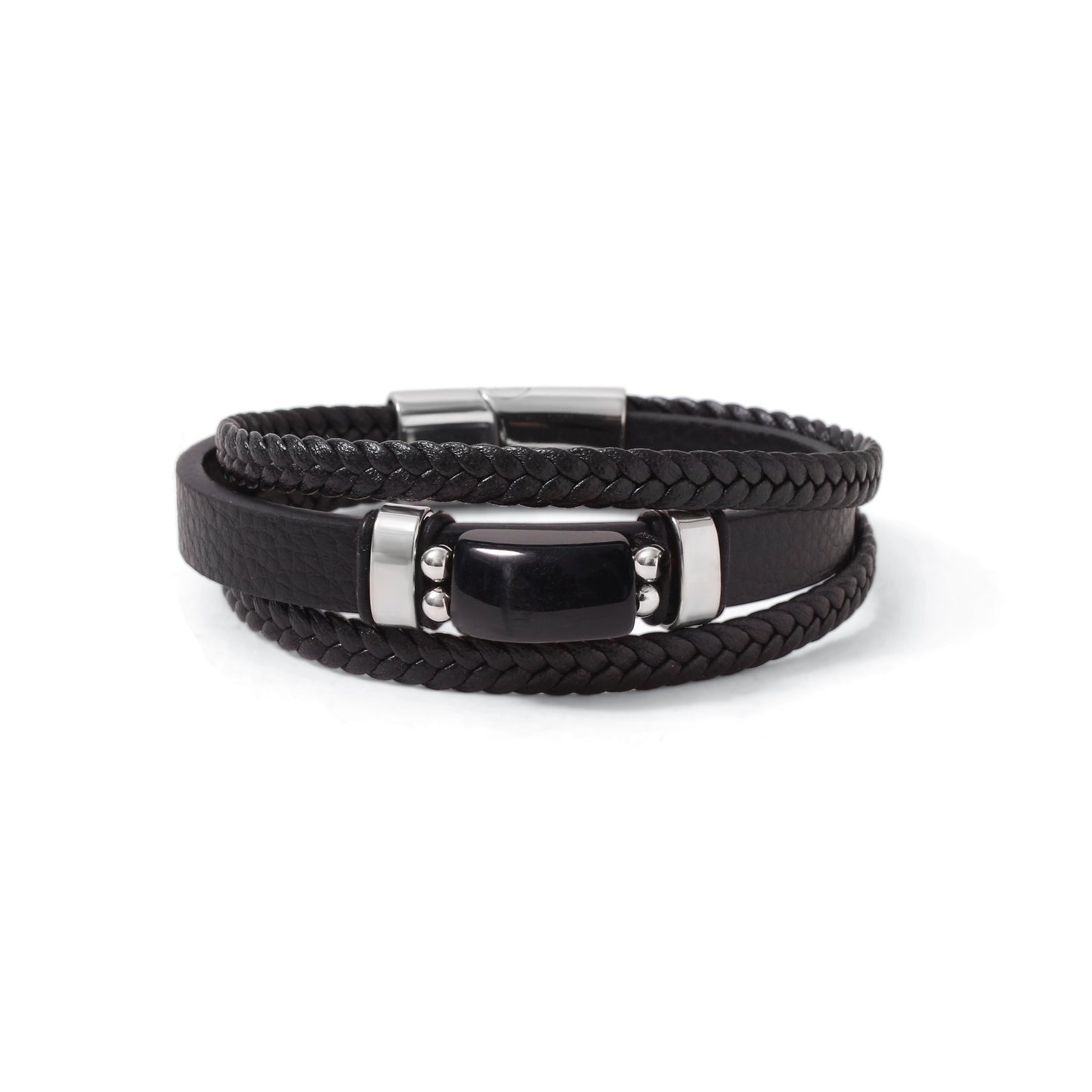 Natural Black Onyx Leather Men’s Bracelet – Handmade Braided Leather Bracelet with Black Onyx Stone & Stainless Steel Clasp