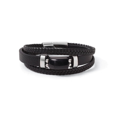 Natural Black Onyx Leather Men’s Bracelet – Handmade Braided Leather Bracelet with Black Onyx Stone & Stainless Steel Clasp