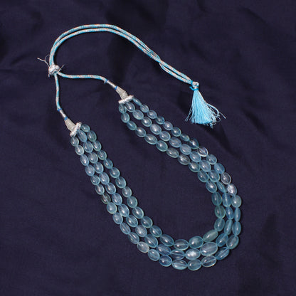 Premium Natural Aquamarine 3-Layer Sarafa Necklace – High-Quality Calming Blue Gemstone Jewelry