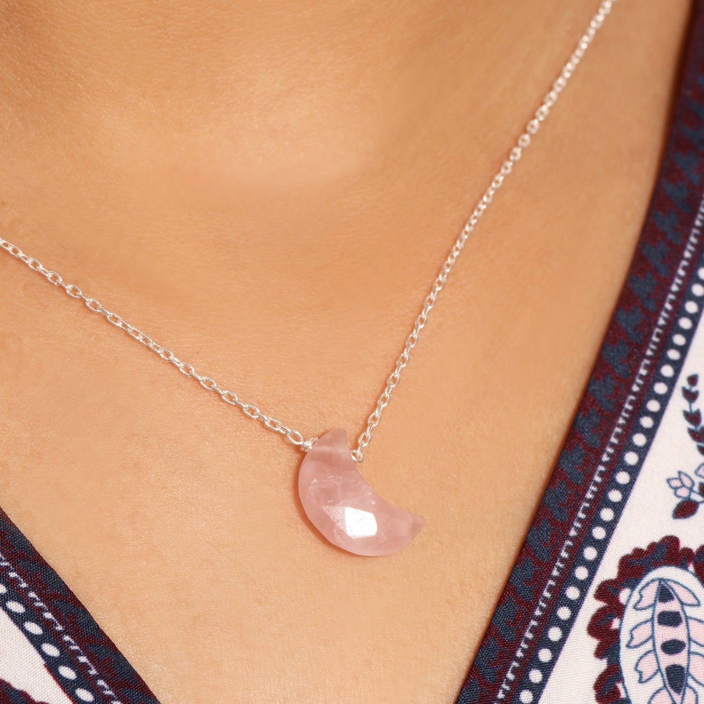 Natural Rose Quartz Crescent Moon Pendant Necklace – 925 Sterling Silver Chain | Crystal for Love & Inner Peace