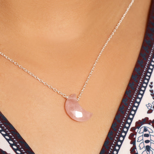 Natural Rose Quartz Crescent Moon Pendant Necklace – 925 Sterling Silver Chain | Crystal for Love & Inner Peace