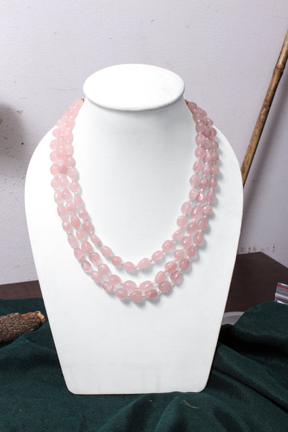 Elegant Triple-Layer Natural Rose Quartz Beaded Necklace – Crystal of Love & Inner Peace