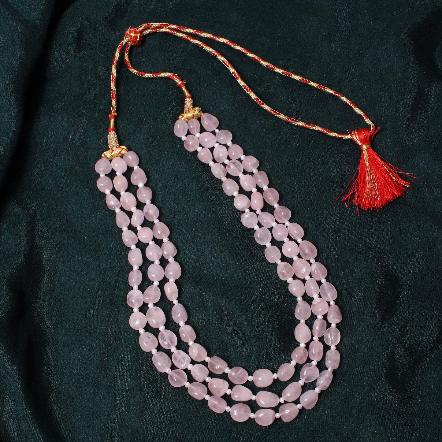Elegant Triple-Layer Natural Rose Quartz Beaded Necklace – Crystal of Love & Inner Peace