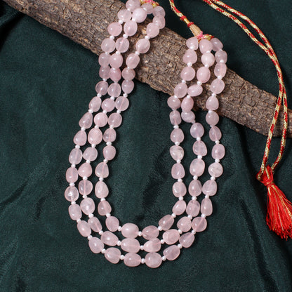 Elegant Triple-Layer Natural Rose Quartz Beaded Necklace – Crystal of Love & Inner Peace