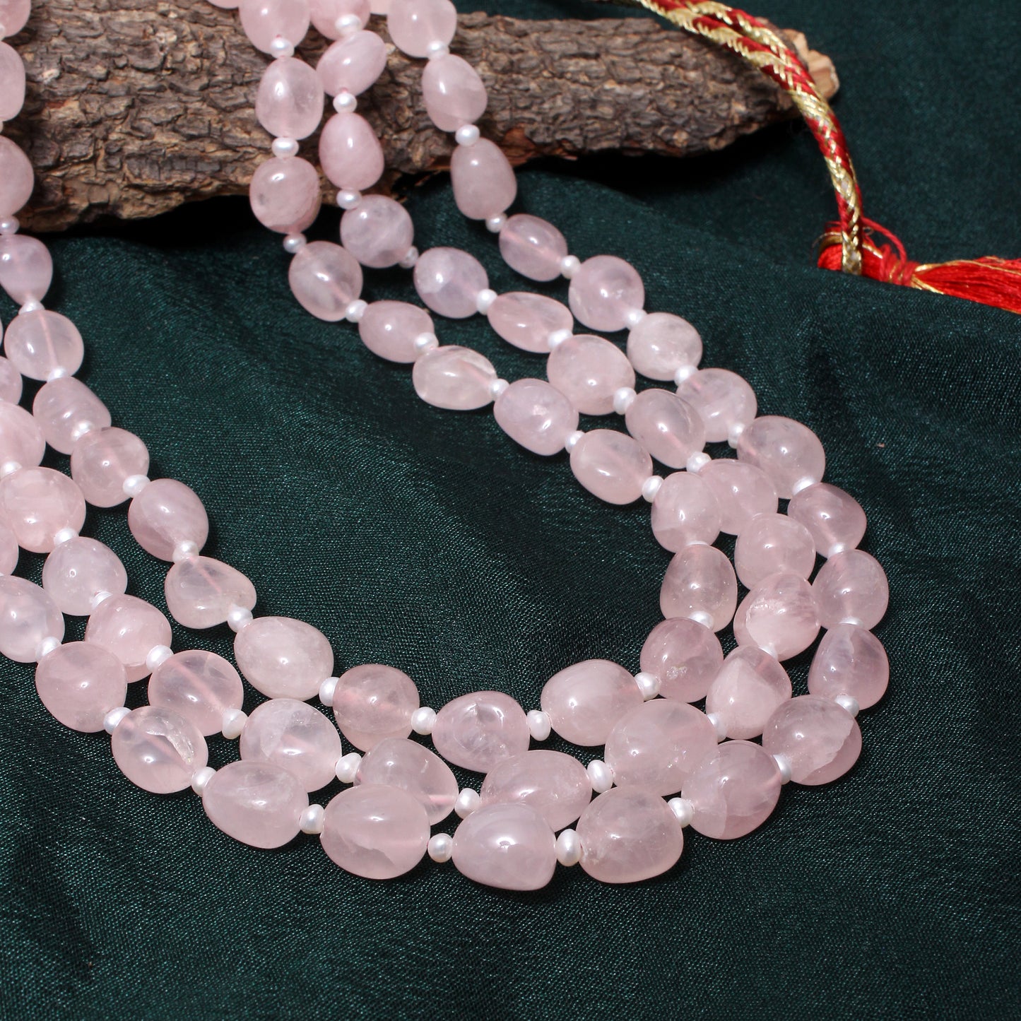 Elegant Triple-Layer Natural Rose Quartz Beaded Necklace – Crystal of Love & Inner Peace