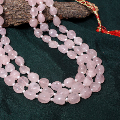 Elegant Triple-Layer Natural Rose Quartz Beaded Necklace – Crystal of Love & Inner Peace