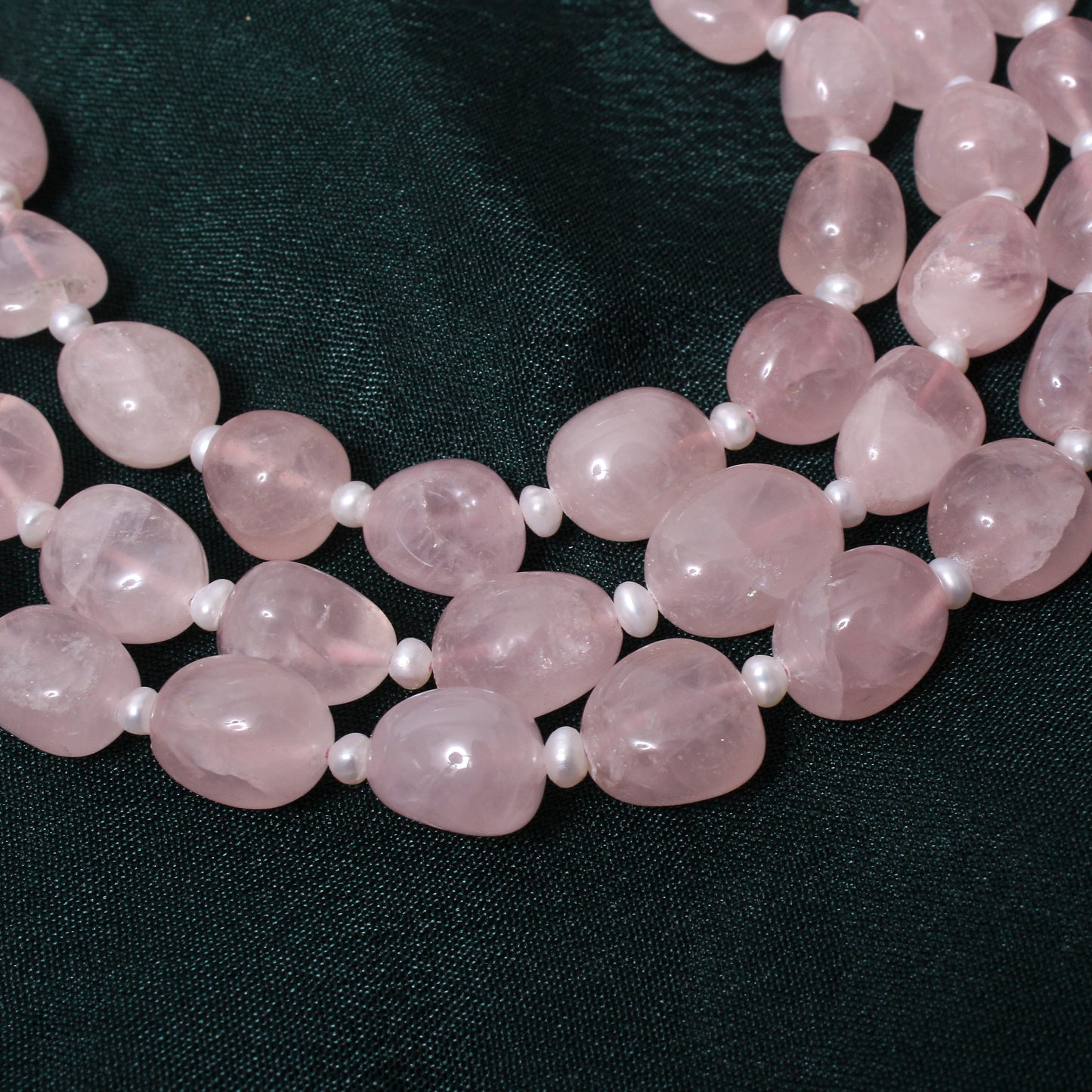 Elegant Triple-Layer Natural Rose Quartz Beaded Necklace – Crystal of Love & Inner Peace