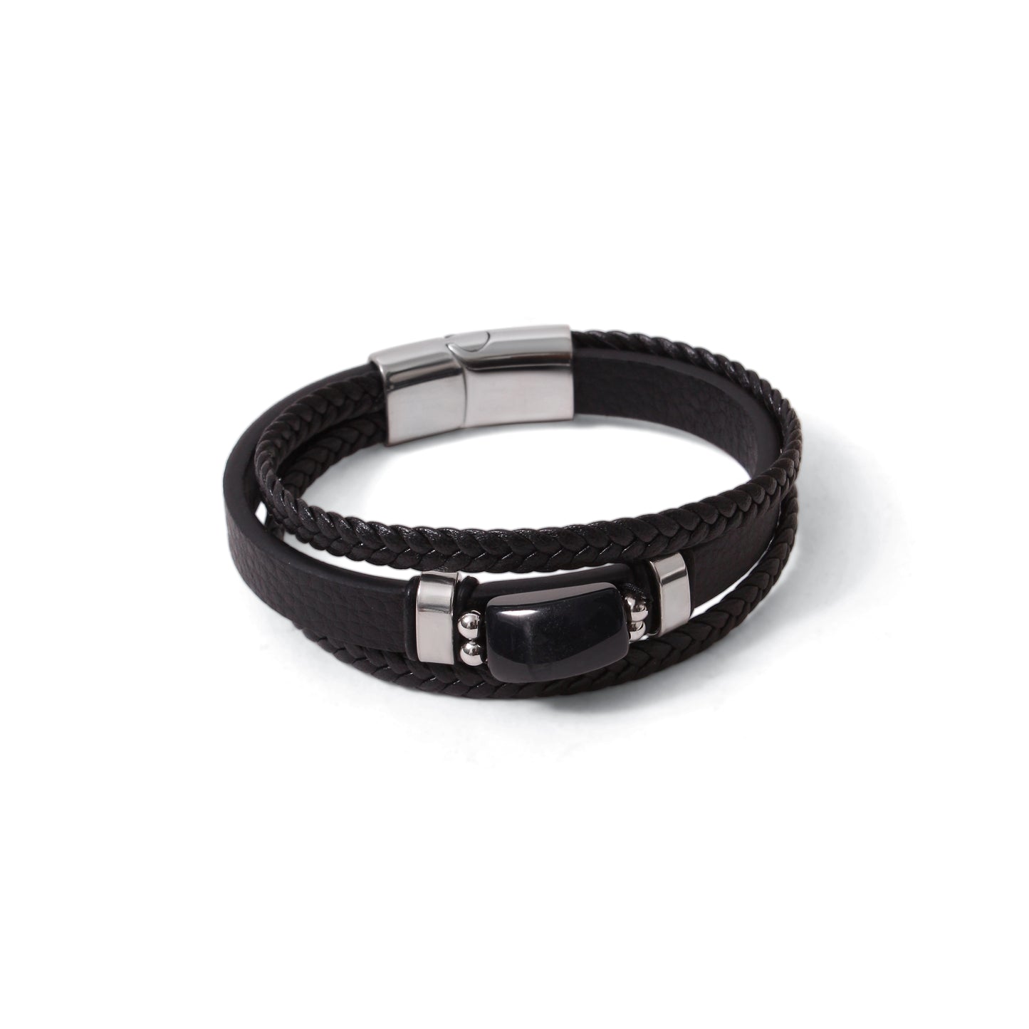Natural Black Onyx Leather Men’s Bracelet – Handmade Braided Leather Bracelet with Black Onyx Stone & Stainless Steel Clasp