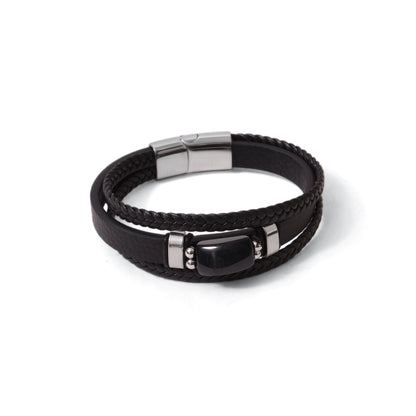 Natural Black Onyx Leather Men’s Bracelet – Handmade Braided Leather Bracelet with Black Onyx Stone & Stainless Steel Clasp