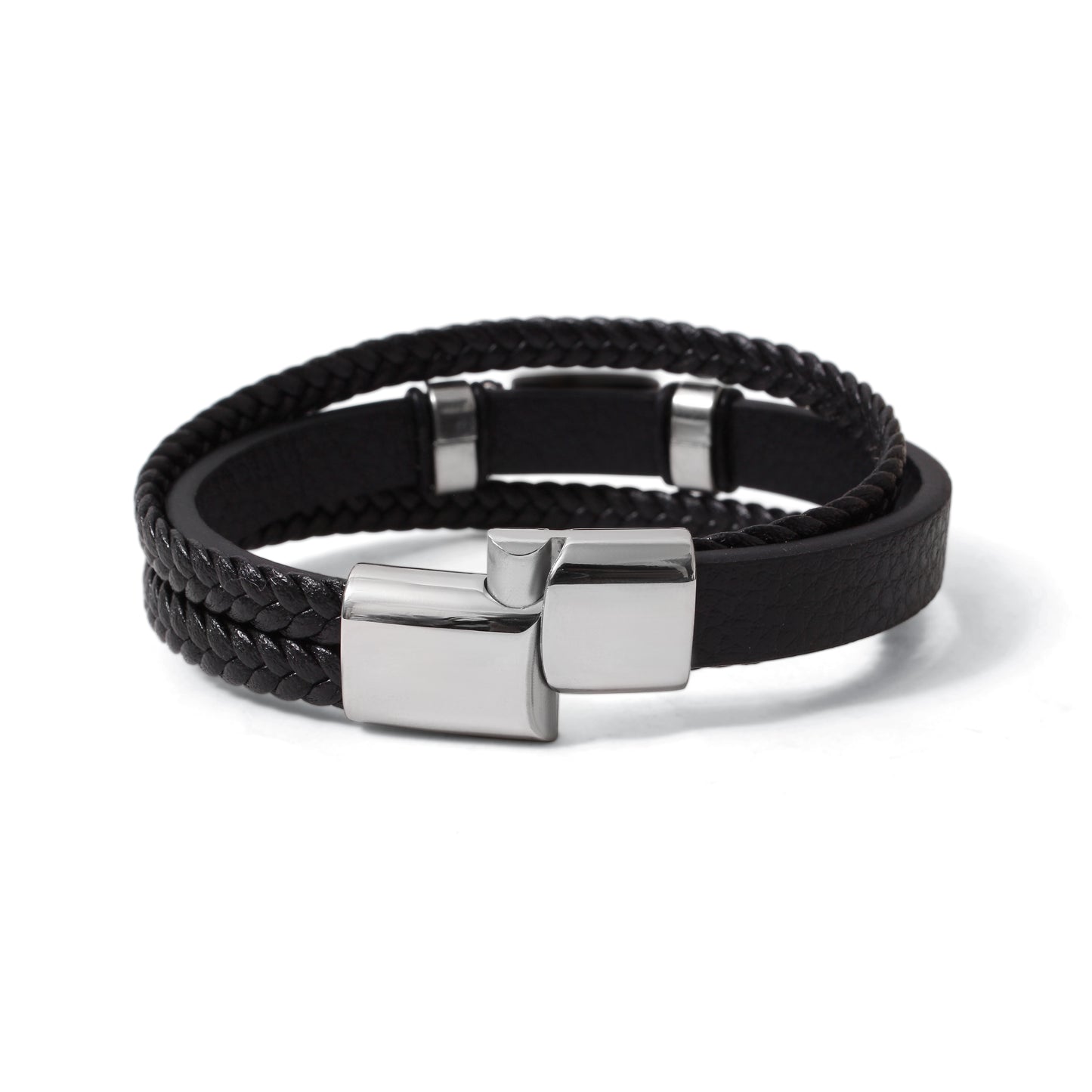 Natural Black Onyx Leather Men’s Bracelet – Handmade Braided Leather Bracelet with Black Onyx Stone & Stainless Steel Clasp