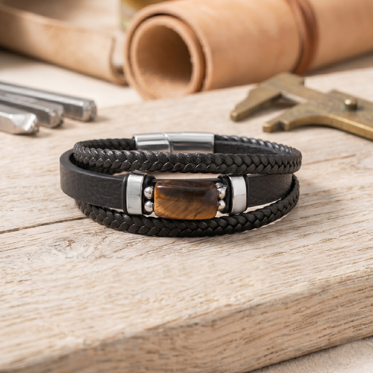 Natural Tiger Eye Leather Men’s Bracelet – Handmade Braided Leather Bracelet with Stainless Steel Clasp | Strength & Confidence Jewelry