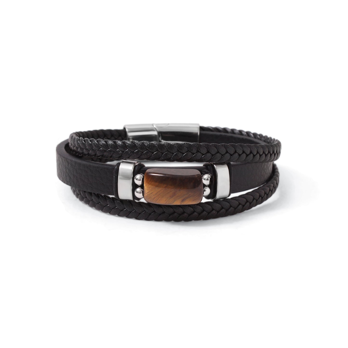 Natural Tiger Eye Leather Men’s Bracelet – Handmade Braided Leather Bracelet with Stainless Steel Clasp | Strength & Confidence Jewelry