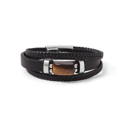 Natural Tiger Eye Leather Men’s Bracelet – Handmade Braided Leather Bracelet with Stainless Steel Clasp | Strength & Confidence Jewelry