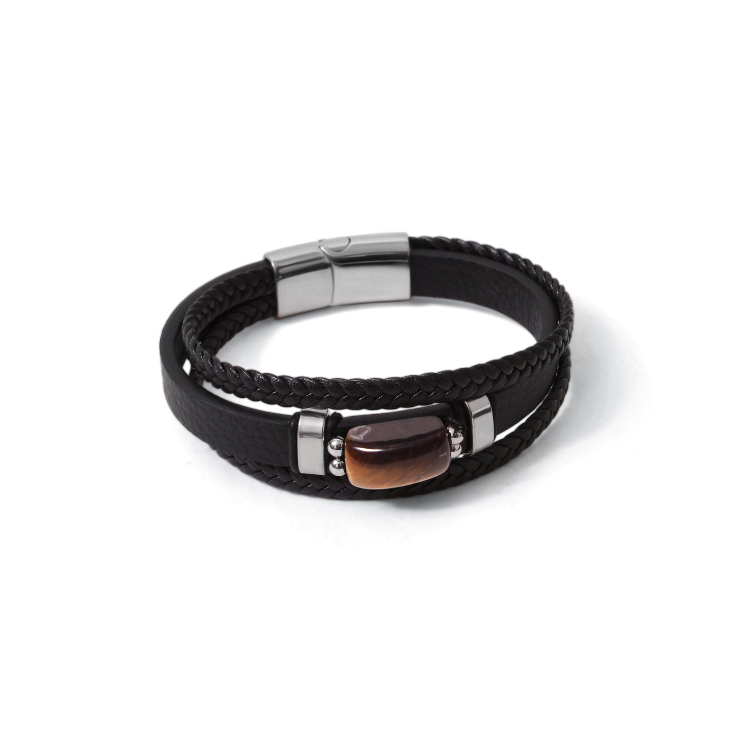 Natural Tiger Eye Leather Men’s Bracelet – Handmade Braided Leather Bracelet with Stainless Steel Clasp | Strength & Confidence Jewelry