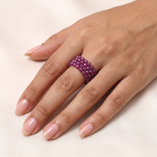 Natural Ruby Faceted Bead Stretch Ring | Handmade Gemstone Statement Ring | Adjustable Crystal Ring