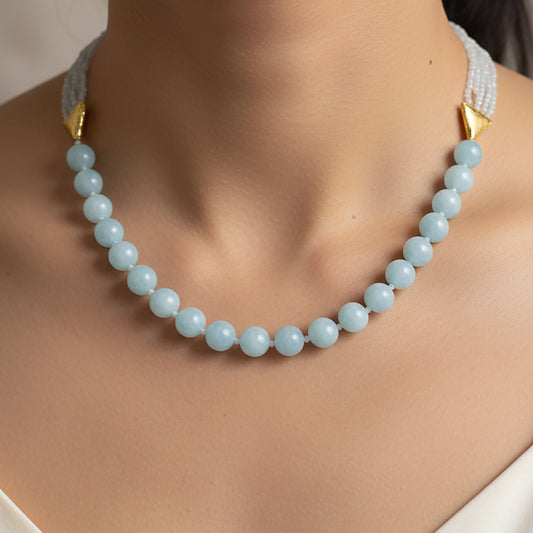 Natural Aquamarine Beaded Gemstone Necklace – Handmade Blue Aquamarine Crystal Choker with Gold Accents