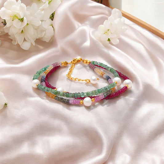Natural Ruby, Emerald, Sapphire & Peark Layred Bracelet