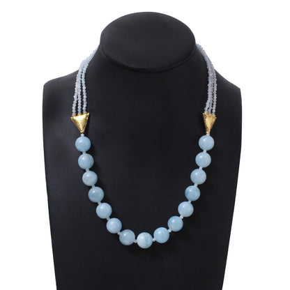 Natural Aquamarine Beaded Gemstone Necklace – Handmade Blue Aquamarine Crystal Choker with Gold Accents