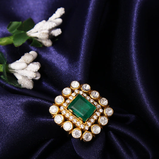 Adjustable Elegance: Faux Emerald & Polki Diamond Traditional Ring -Timeless Beauty"
