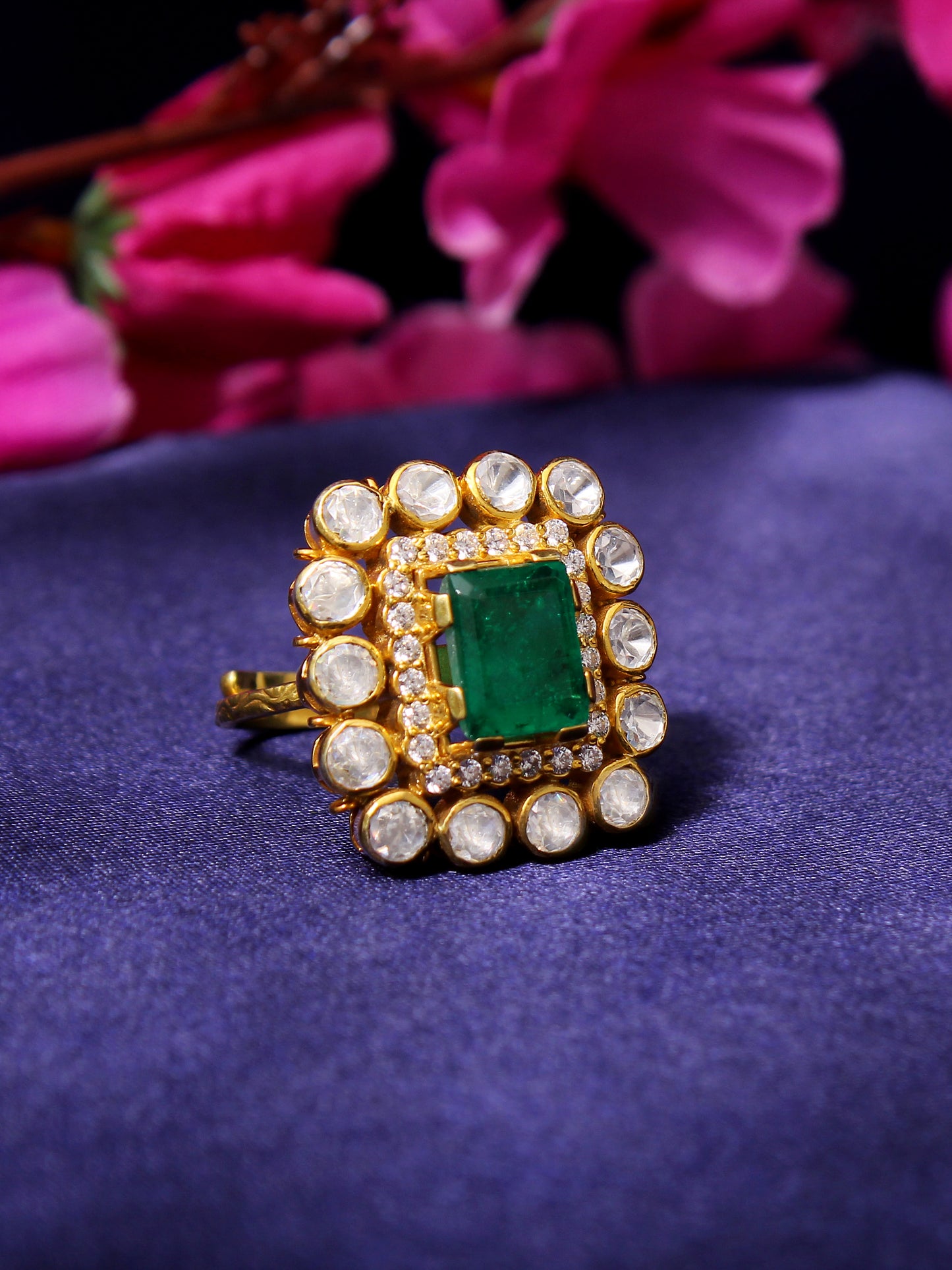 Adjustable Elegance: Faux Emerald & Polki Diamond Traditional Ring -Timeless Beauty"