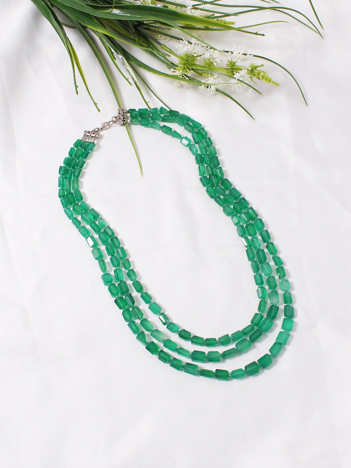 "Verdant Elegance: Green Onyx Triple Layer Necklace"