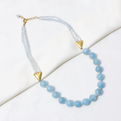Natural Aquamarine Beaded Gemstone Necklace – Handmade Blue Aquamarine Crystal Choker with Gold Accents