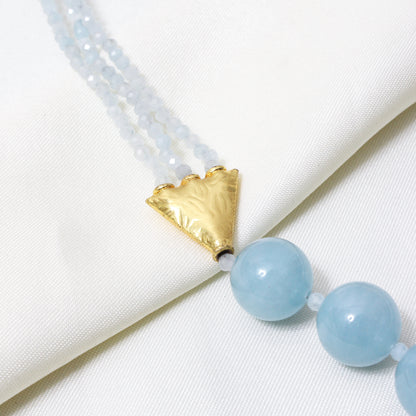 Natural Aquamarine Beaded Gemstone Necklace – Handmade Blue Aquamarine Crystal Choker with Gold Accents