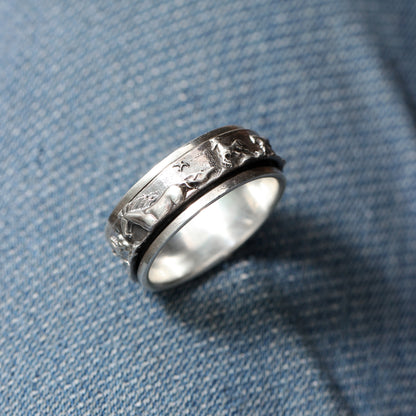 Unisex 7 Running Horses Spinner 925 Sterling Silver Ring