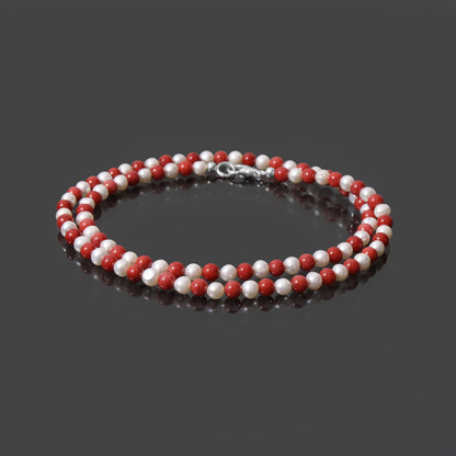 Christmas-Themed Natural Red Coral and Pearl Beaded Bracelet – Festive Elegance