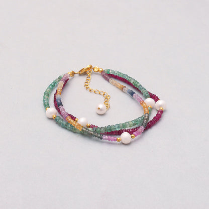 Natural Ruby, Emerald, Sapphire & Pearl Layred Bracelet