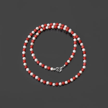 Christmas-Themed Natural Red Coral and Pearl Beaded Bracelet – Festive Elegance