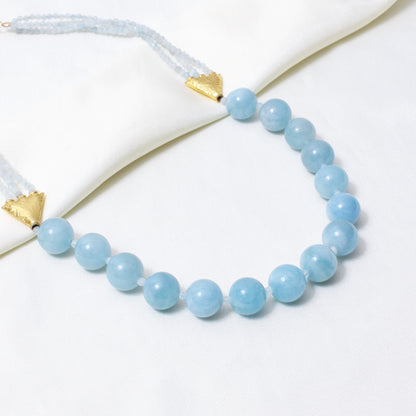 Natural Aquamarine Beaded Gemstone Necklace – Handmade Blue Aquamarine Crystal Choker with Gold Accents