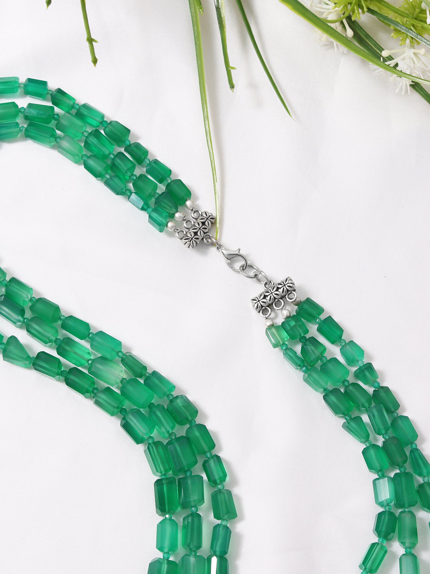 "Verdant Elegance: Green Onyx Triple Layer Necklace"