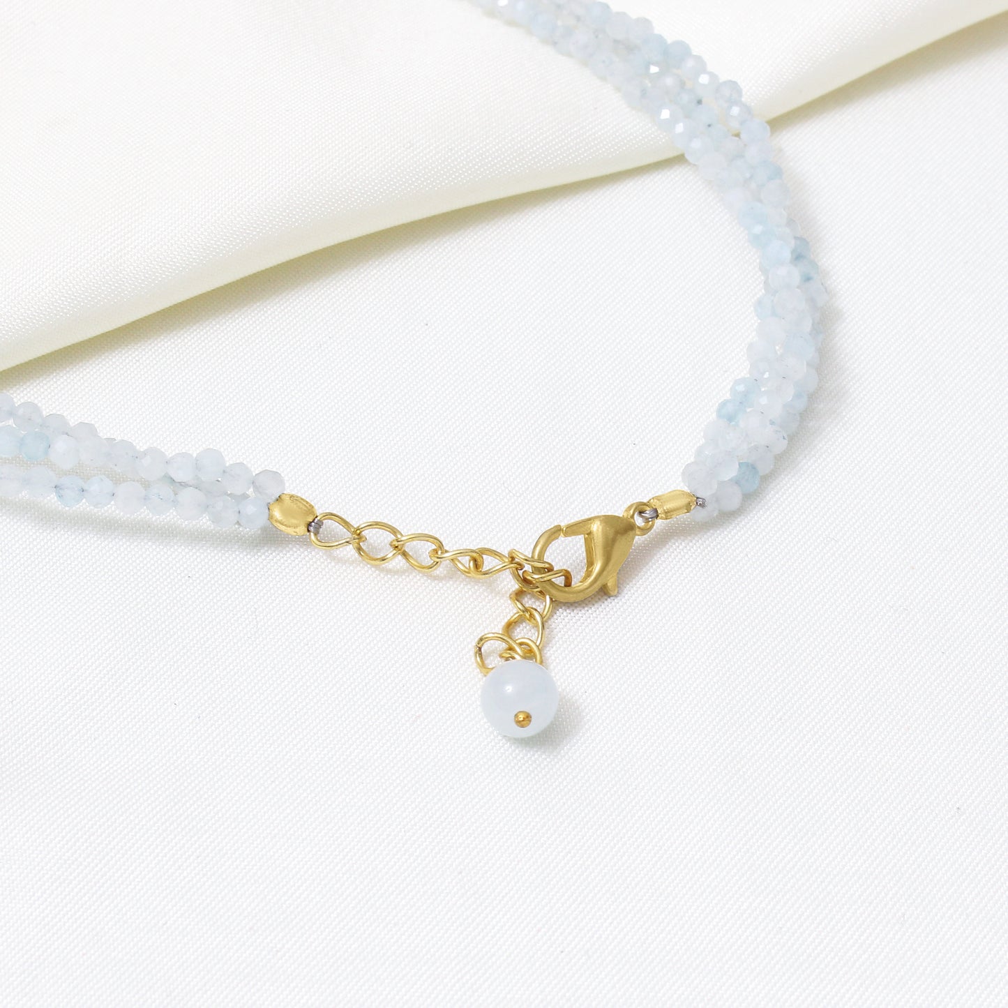 Natural Aquamarine Beaded Gemstone Necklace – Handmade Blue Aquamarine Crystal Choker with Gold Accents