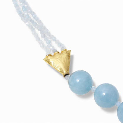 Natural Aquamarine Beaded Gemstone Necklace – Handmade Blue Aquamarine Crystal Choker with Gold Accents