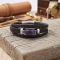 Natural Amethyst Leather Men’s Bracelet – 10x17mm Amethyst Gemstone Bracelet with Braided Leather & Stainless Steel Clasp