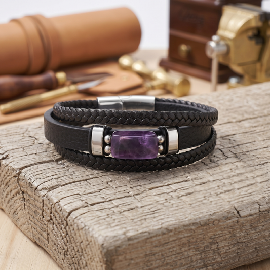 Natural Amethyst Leather Men’s Bracelet – 10x17mm Amethyst Gemstone Bracelet with Braided Leather & Stainless Steel Clasp