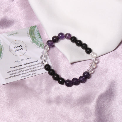 Aquarius Zodiac Bracelet (Kumbh Rashi) | Natural Amethyst, Black Tourmaline & Crystal Quartz