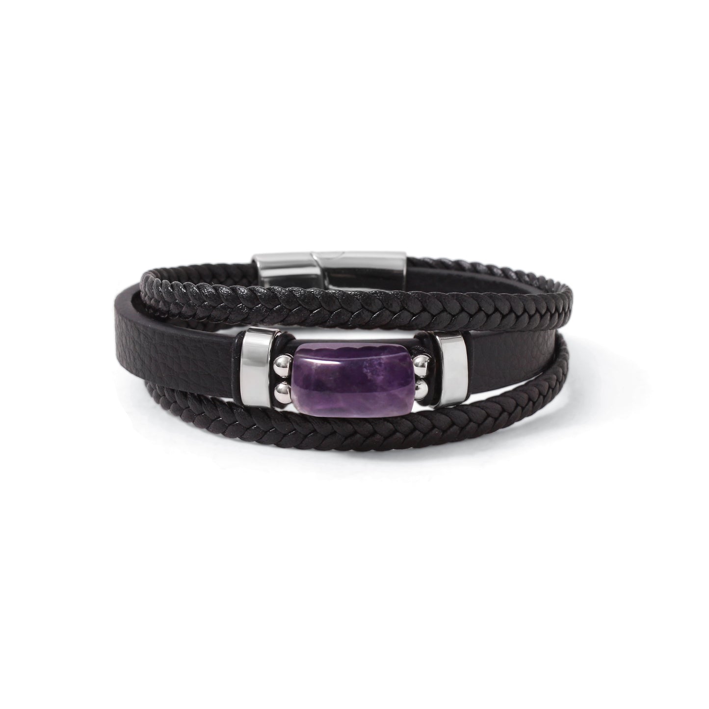 Natural Amethyst Leather Men’s Bracelet – 10x17mm Amethyst Gemstone Bracelet with Braided Leather & Stainless Steel Clasp