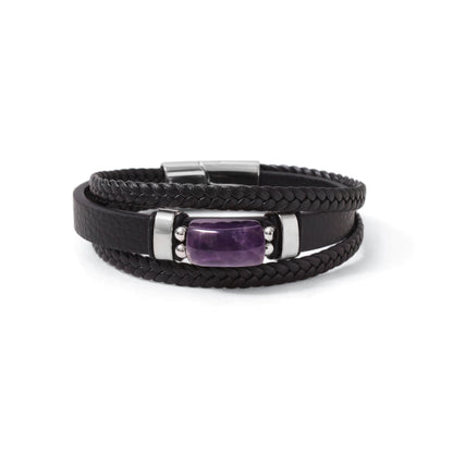 Natural Amethyst Leather Men’s Bracelet – 10x17mm Amethyst Gemstone Bracelet with Braided Leather & Stainless Steel Clasp