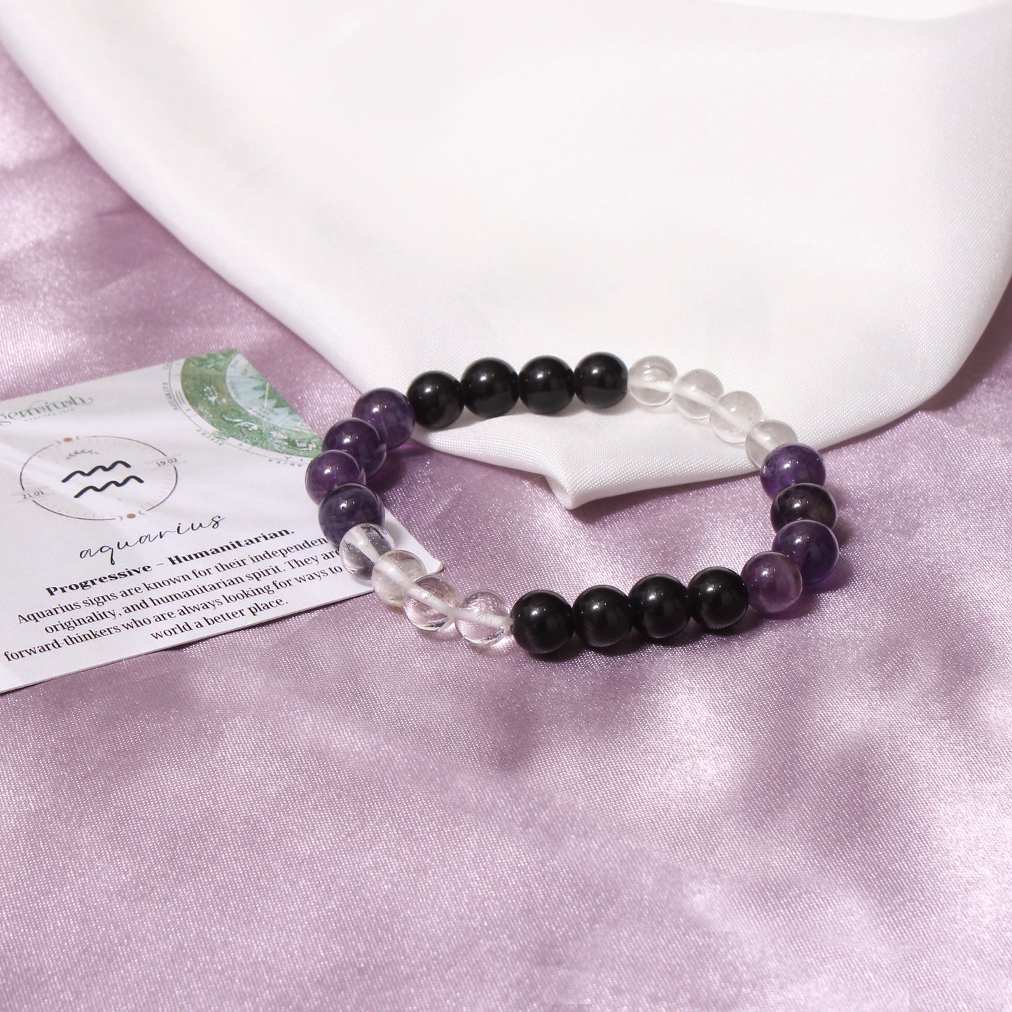 Aquarius Zodiac Bracelet (Kumbh Rashi) | Natural Amethyst, Black Tourmaline & Crystal Quartz