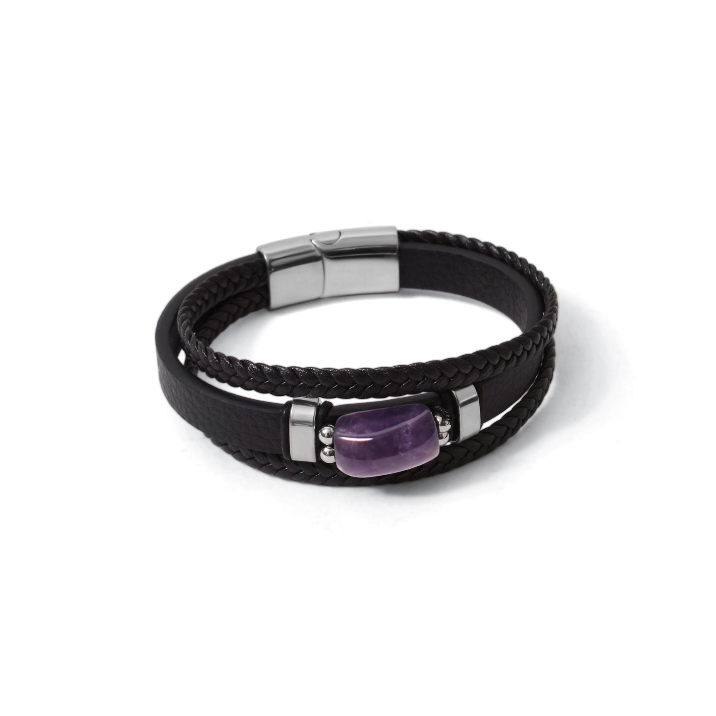 Natural Amethyst Leather Men’s Bracelet – 10x17mm Amethyst Gemstone Bracelet with Braided Leather & Stainless Steel Clasp