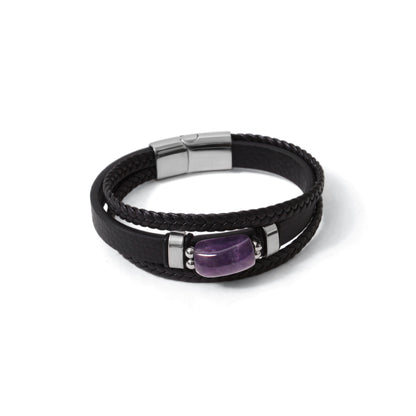 Natural Amethyst Leather Men’s Bracelet – 10x17mm Amethyst Gemstone Bracelet with Braided Leather & Stainless Steel Clasp
