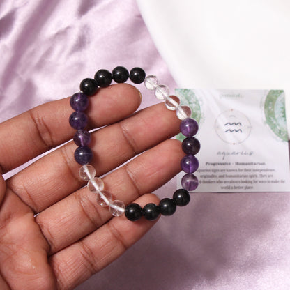 Aquarius Zodiac Bracelet (Kumbh Rashi) | Natural Amethyst, Black Tourmaline & Crystal Quartz