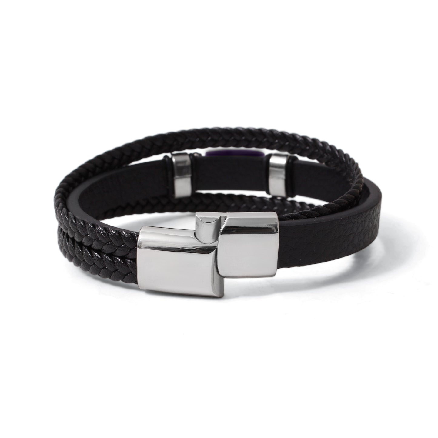 Natural Amethyst Leather Men’s Bracelet – 10x17mm Amethyst Gemstone Bracelet with Braided Leather & Stainless Steel Clasp