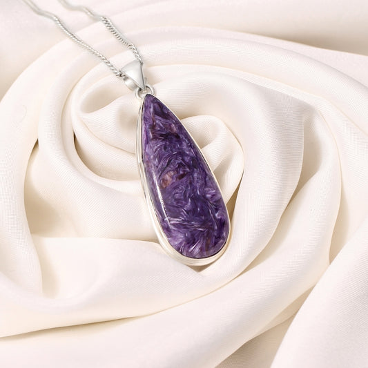 925 Sterling Silver Charoite Pendant Necklace - Teardrop Healing Crystal Jewelry